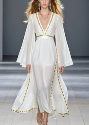 Unique White Patchwork Draping Chiffon Maxi Dresses Spring