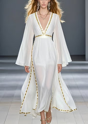 Unique White Patchwork Draping Chiffon Maxi Dresses Spring