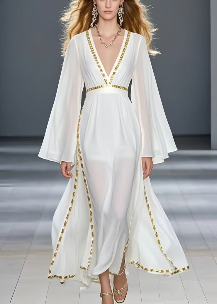 Unique White Patchwork Draping Chiffon Maxi Dresses Spring