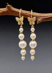Unique White Pearl Golden Butterfly Drop Earrings
