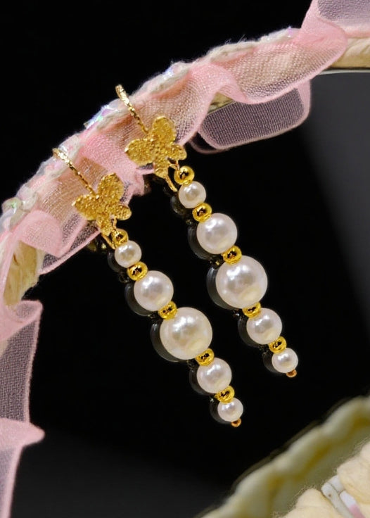 Unique White Pearl Golden Butterfly Drop Earrings
