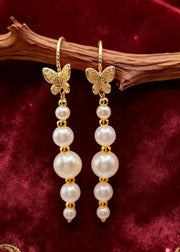 Unique White Pearl Golden Butterfly Drop Earrings