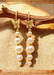 Unique White Pearl Golden Butterfly Drop Earrings