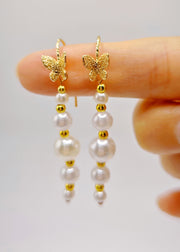 Unique White Pearl Golden Butterfly Drop Earrings