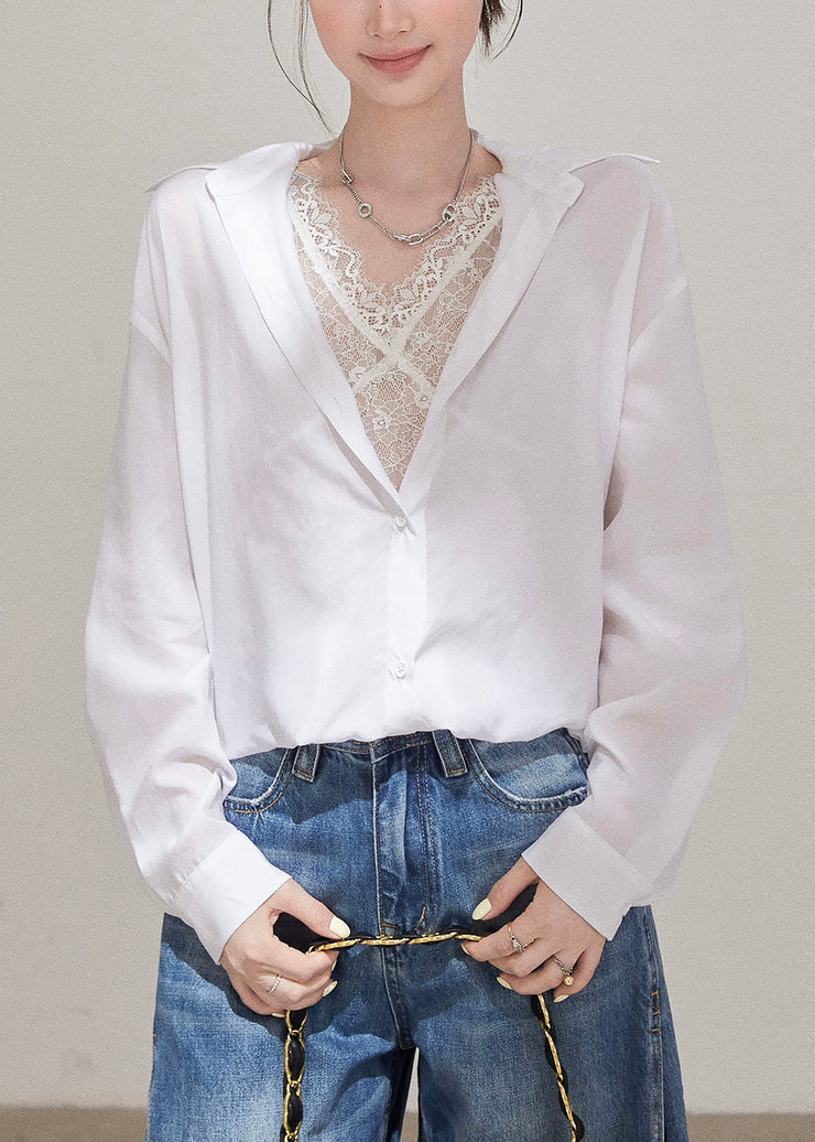 Unique White Peter Pan Collar Patchwork Lace Fake Two Piece Blouses Fall