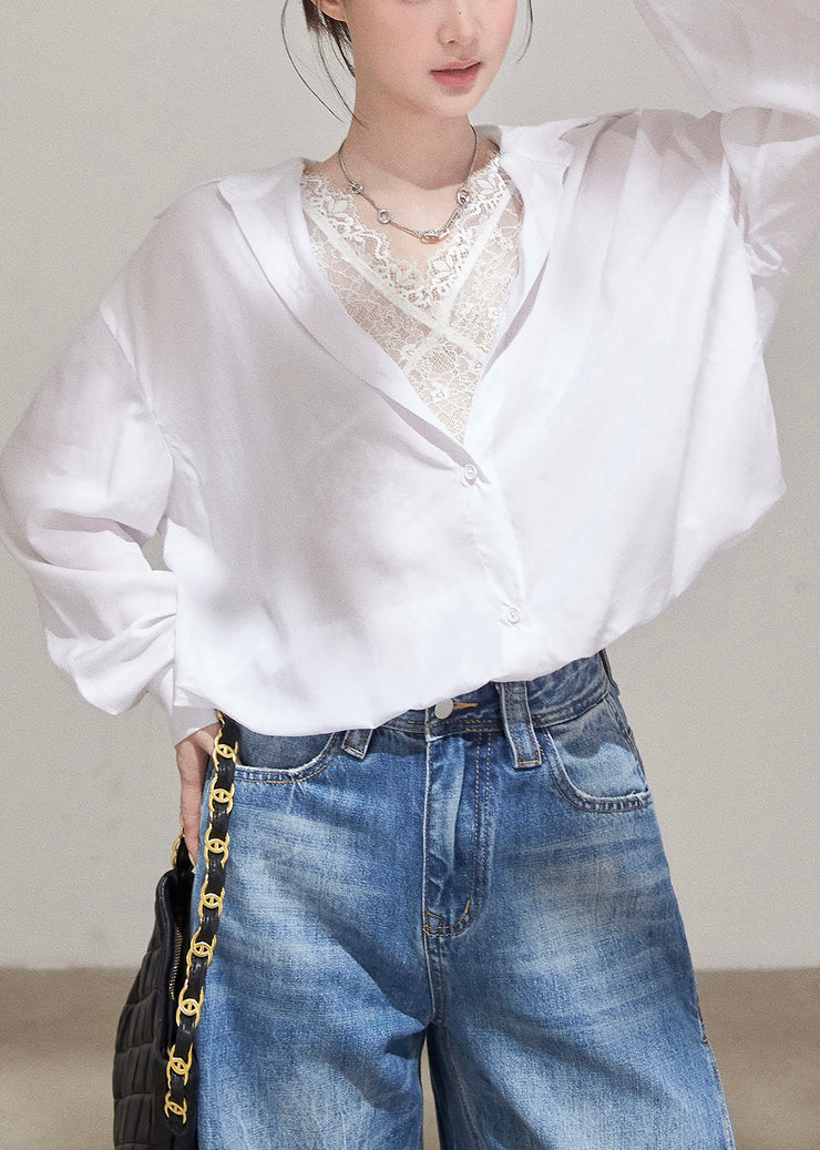 Unique White Peter Pan Collar Patchwork Lace Fake Two Piece Blouses Fall