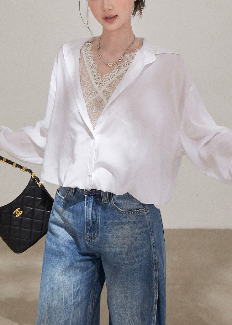 Unique White Peter Pan Collar Patchwork Lace Fake Two Piece Blouses Fall