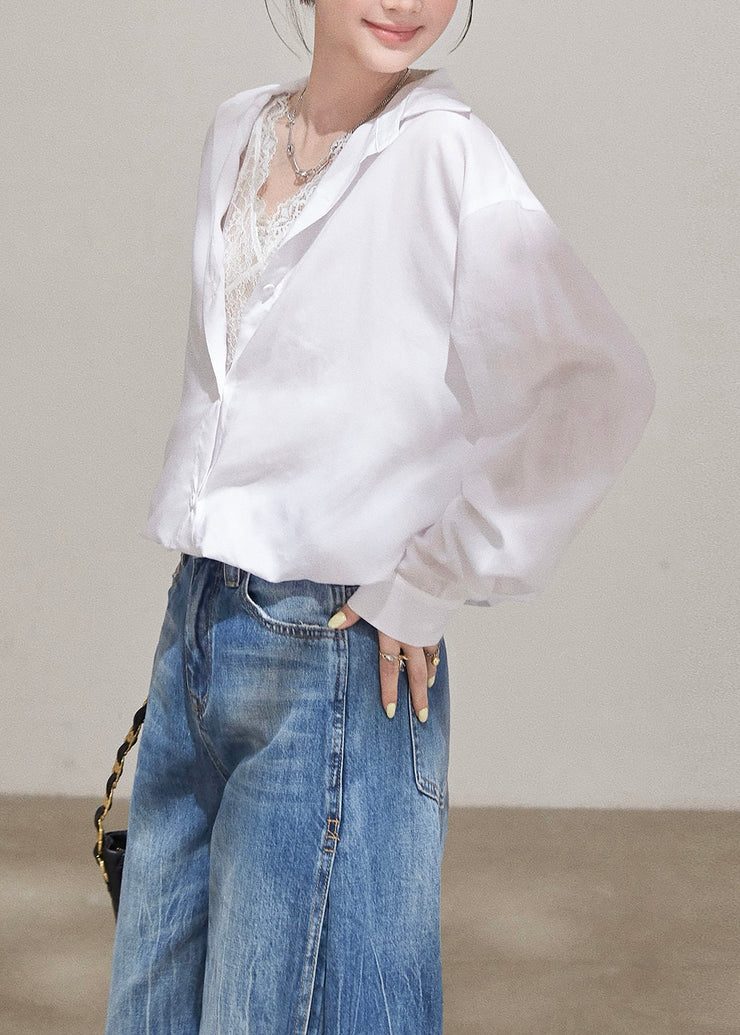 Unique White Peter Pan Collar Patchwork Lace Fake Two Piece Blouses Fall