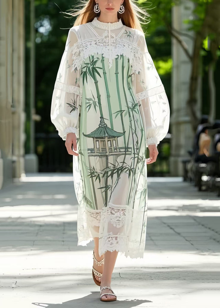 Unique White Print Patchwork Lace Chiffon Vacation Dresses Summer