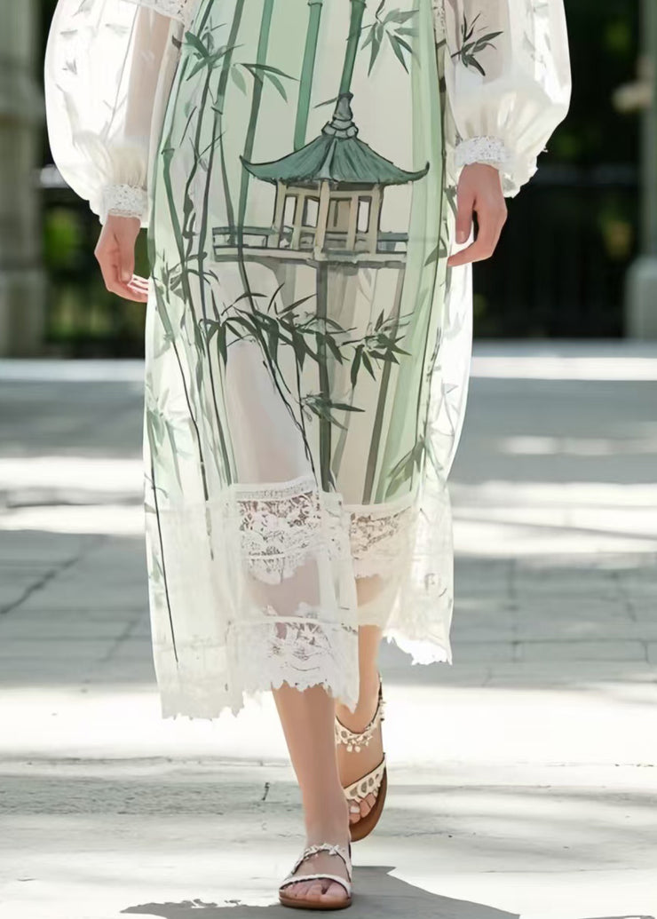 Unique White Print Patchwork Lace Chiffon Vacation Dresses Summer