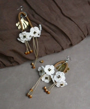 Unique White Stainless Steel Floral Tassel Drop Earrings