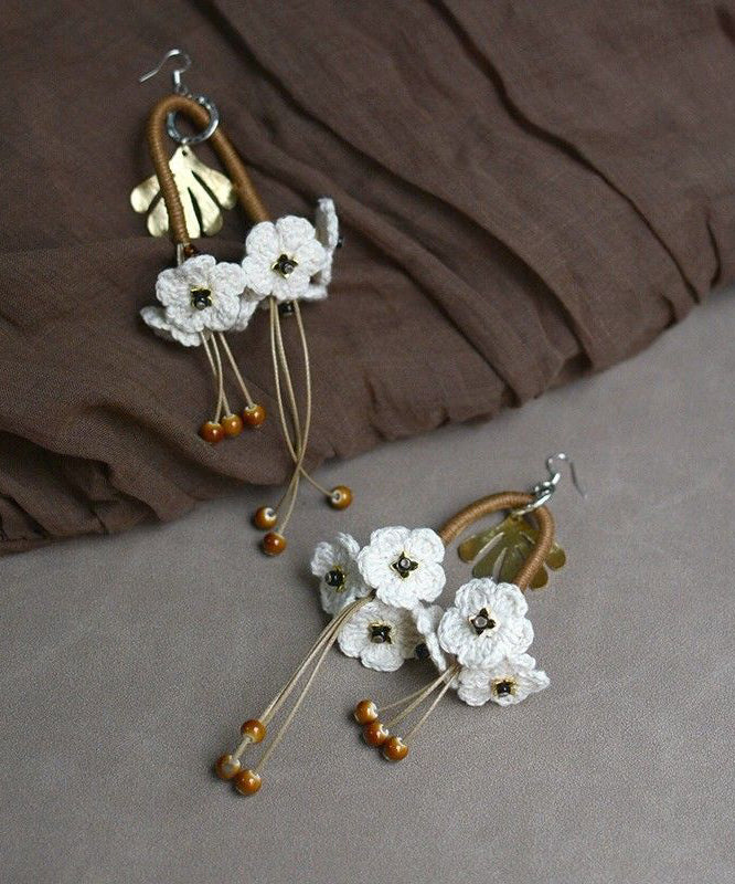 Unique White Stainless Steel Floral Tassel Drop Earrings