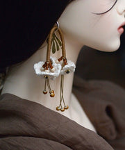 Unique White Stainless Steel Floral Tassel Drop Earrings