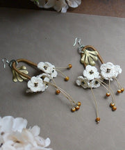 Unique White Stainless Steel Floral Tassel Drop Earrings