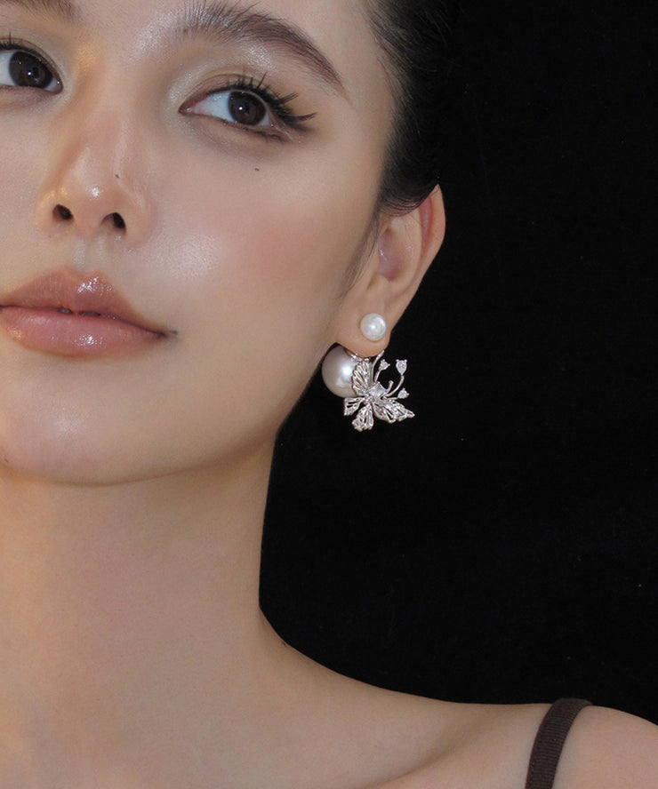 Unique White Sterling Silver Pearl Butterfly Stud Earrings