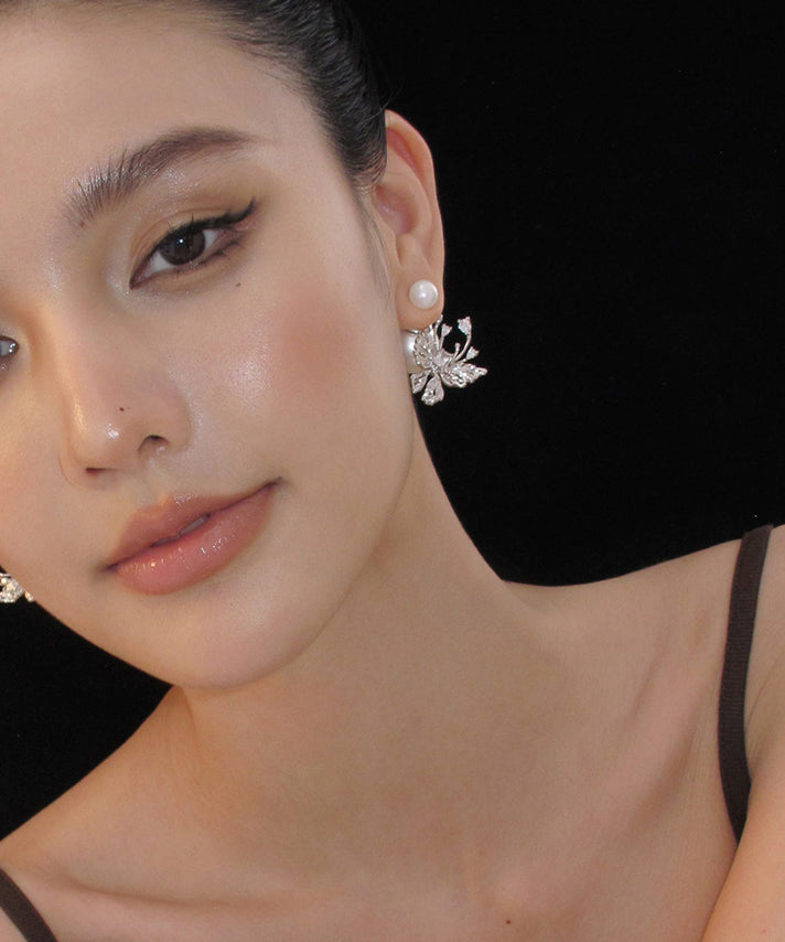 Unique White Sterling Silver Pearl Butterfly Stud Earrings