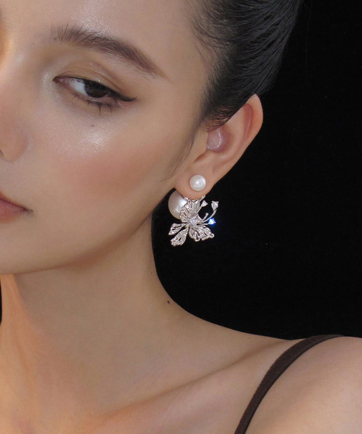 Unique White Sterling Silver Pearl Butterfly Stud Earrings