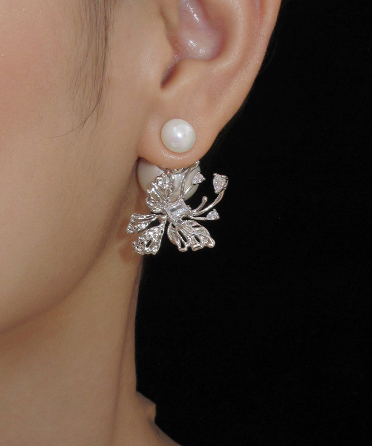 Unique White Sterling Silver Pearl Butterfly Stud Earrings