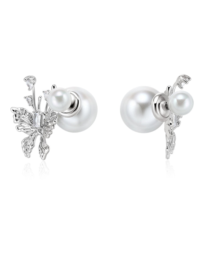 Unique White Sterling Silver Pearl Butterfly Stud Earrings