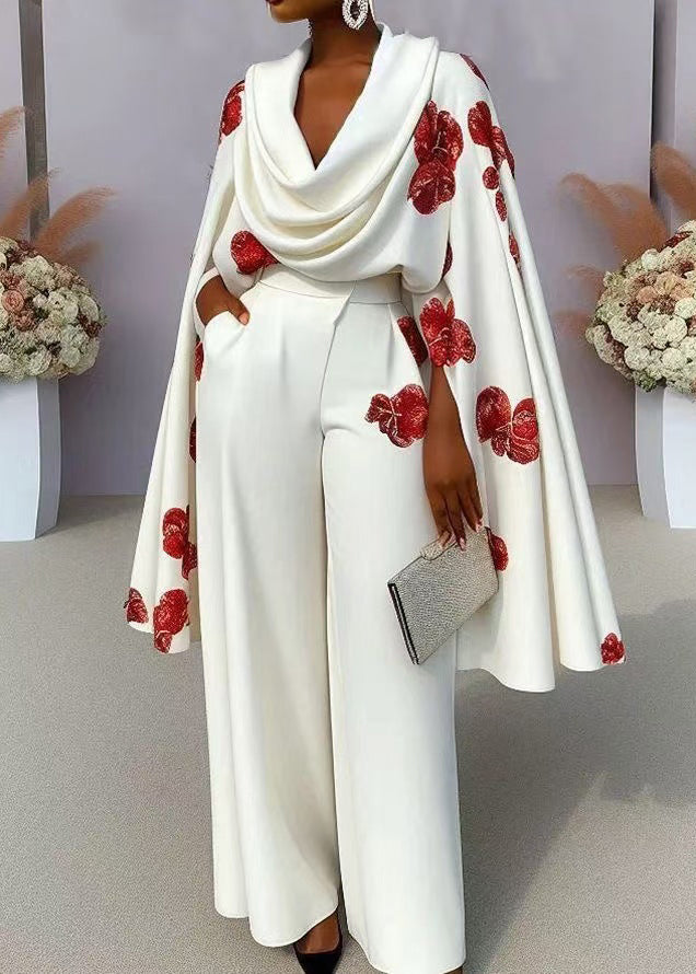 Unique White Turtle Neck Print Cotton Tops Cloak Sleeves