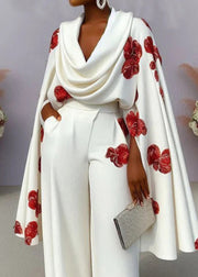 Unique White Turtle Neck Print Cotton Tops Cloak Sleeves