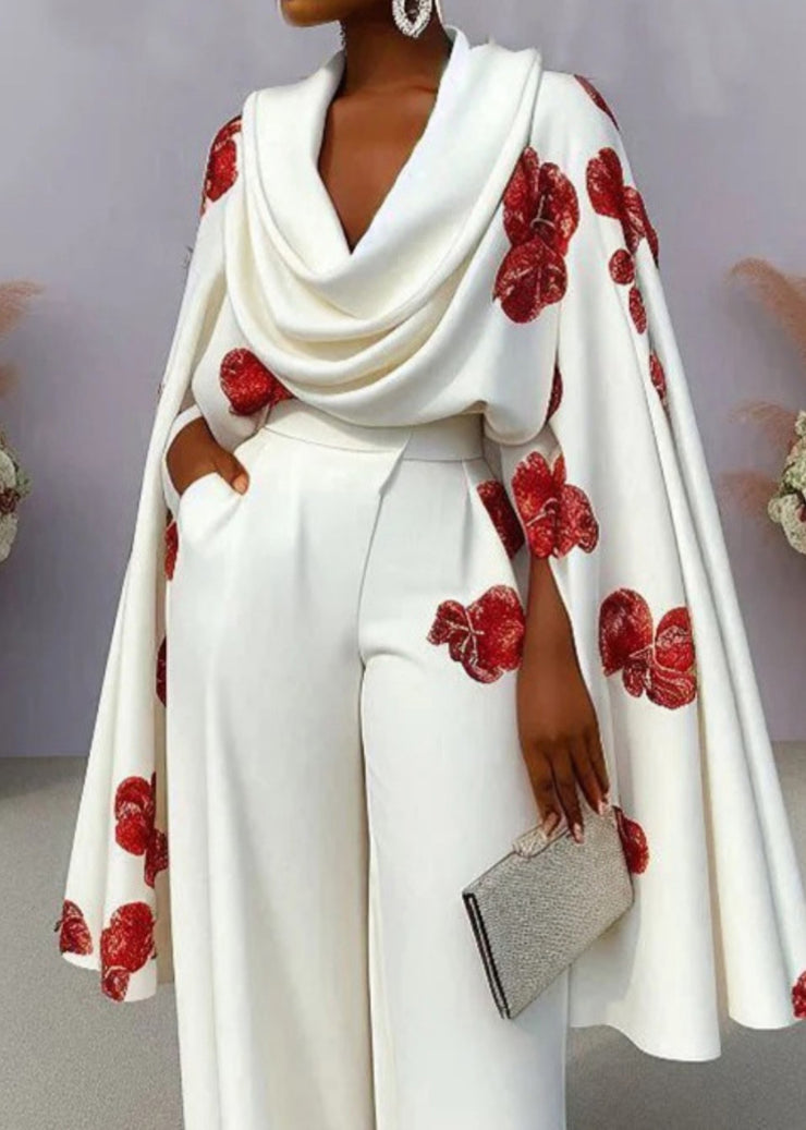 Unique White Turtle Neck Print Cotton Tops Cloak Sleeves