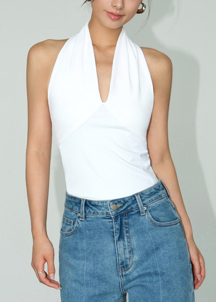 Unique White V Neck Backless Cotton Slim Fit T Shirts Sleeveless