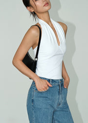 Unique White V Neck Backless Cotton Slim Fit T Shirts Sleeveless