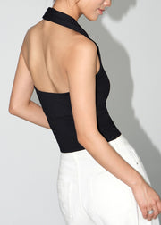 Unique White V Neck Backless Cotton Slim Fit T Shirts Sleeveless