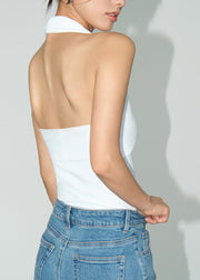 Unique White V Neck Backless Cotton Slim Fit T Shirts Sleeveless