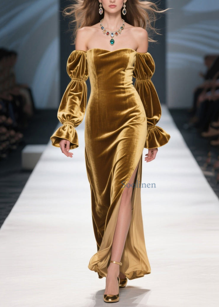 Unique Yellow Cold Shoulder Side Open Patchwork Velvet Dress Fall