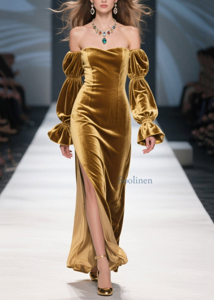 Unique Yellow Cold Shoulder Side Open Patchwork Velvet Dress Fall