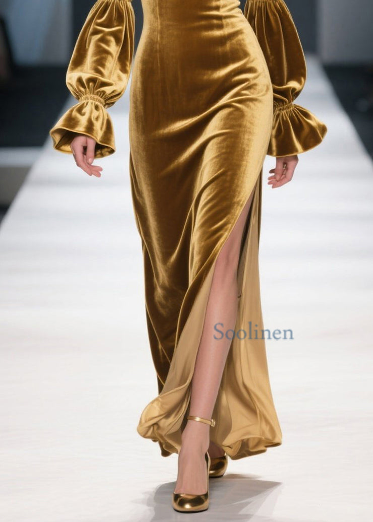 Unique Yellow Cold Shoulder Side Open Patchwork Velvet Dress Fall