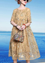 Unique Yellow Embroidered Patchwork Tulle Maxi Dress Summer
