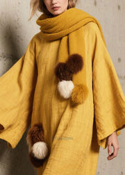 Unique Yellow Oversized Fuzzy Ball Decorated Cotton Long Dress Fall
