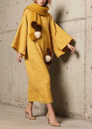 Unique Yellow Oversized Fuzzy Ball Decorated Cotton Long Dress Fall