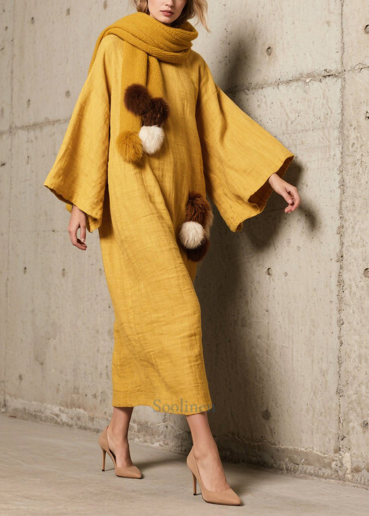 Unique Yellow Oversized Fuzzy Ball Decorated Cotton Long Dress Fall