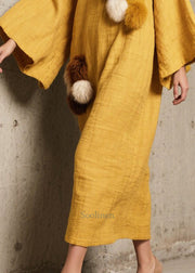 Unique Yellow Oversized Fuzzy Ball Decorated Cotton Long Dress Fall