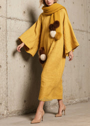 Unique Yellow Oversized Fuzzy Ball Decorated Cotton Long Dress Fall