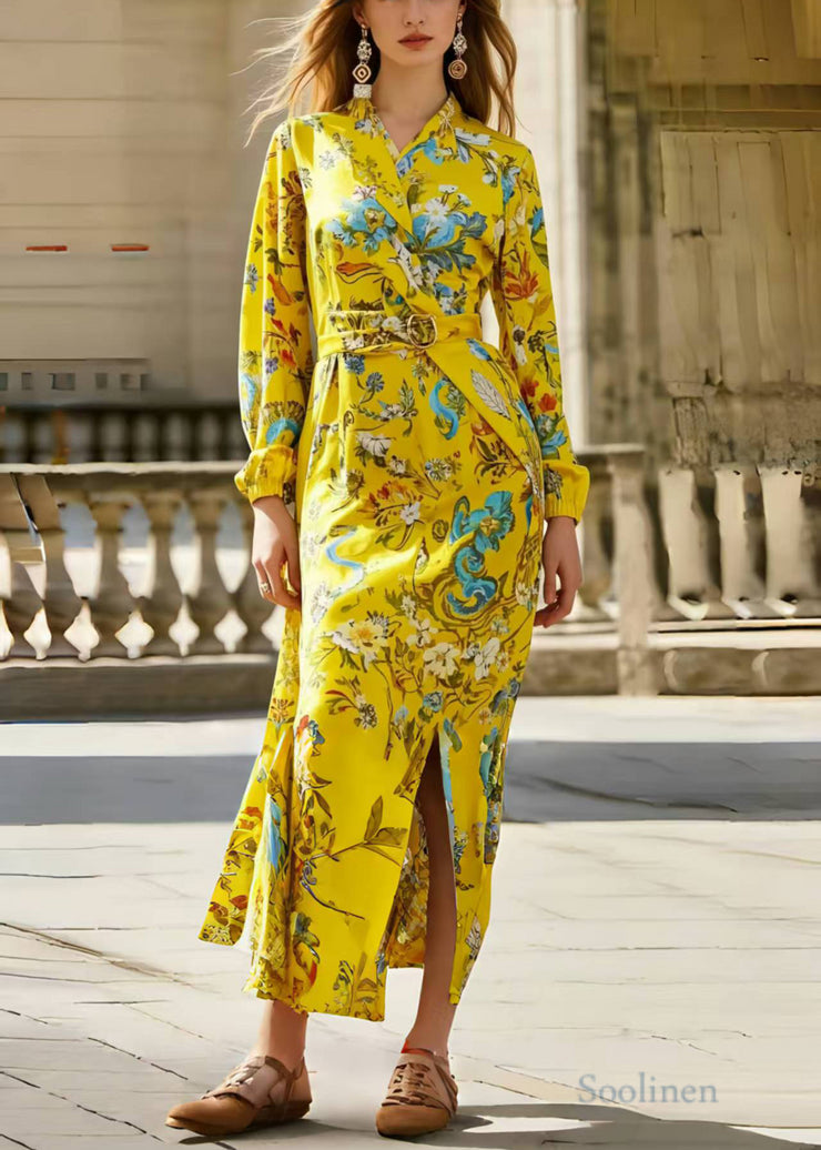 Unique Yellow Print Side Open Chiffon Tunic Dresses Spring