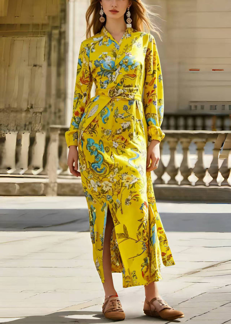 Unique Yellow Print Side Open Chiffon Tunic Dresses Spring