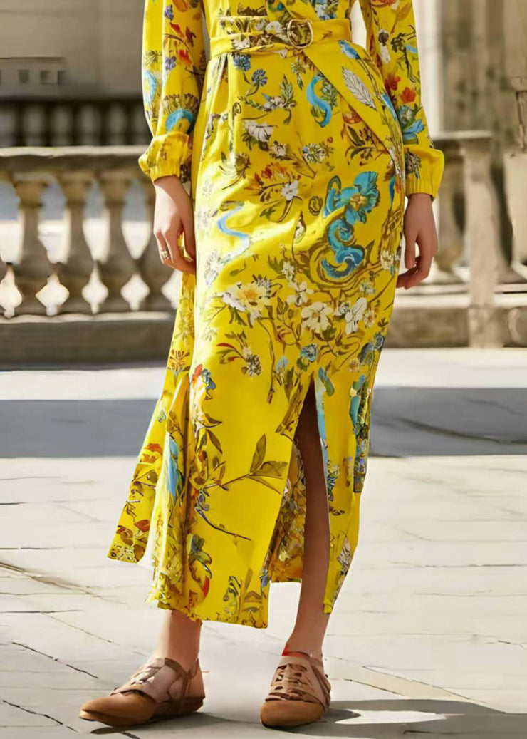 Unique Yellow Print Side Open Chiffon Tunic Dresses Spring