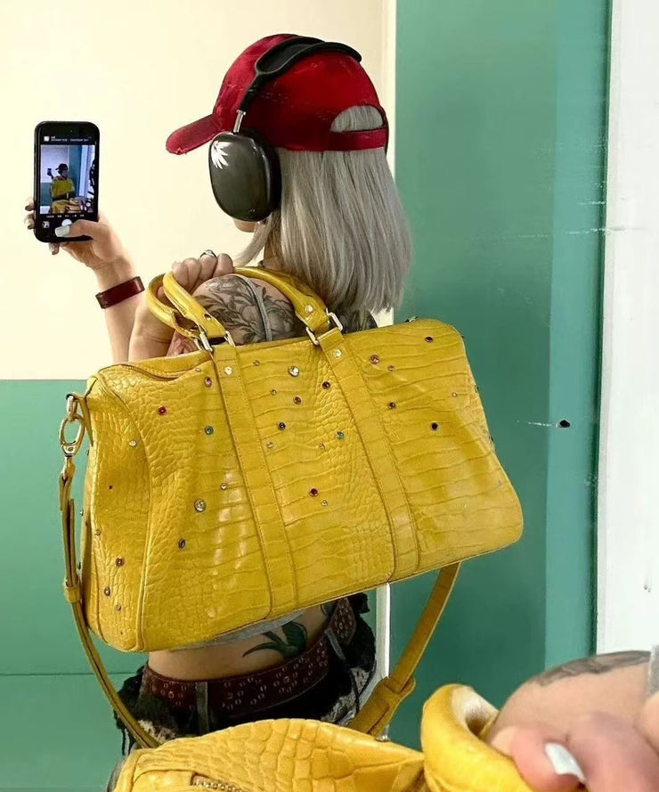 Unique Yellow Rhinestone Large Capacity Faux Leather Tote Handbag