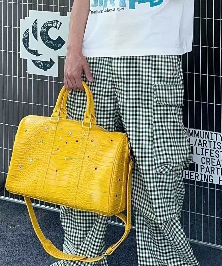 Unique Yellow Rhinestone Large Capacity Faux Leather Tote Handbag