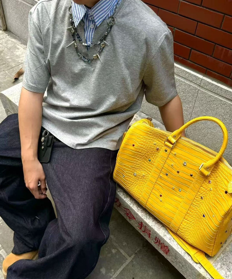 Unique Yellow Rhinestone Large Capacity Faux Leather Tote Handbag