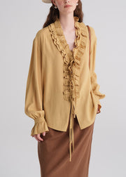 Unique Yellow Ruffled Patchwork Cotton Tops Flare Sleeve
