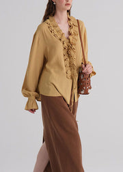 Unique Yellow Ruffled Patchwork Cotton Tops Flare Sleeve