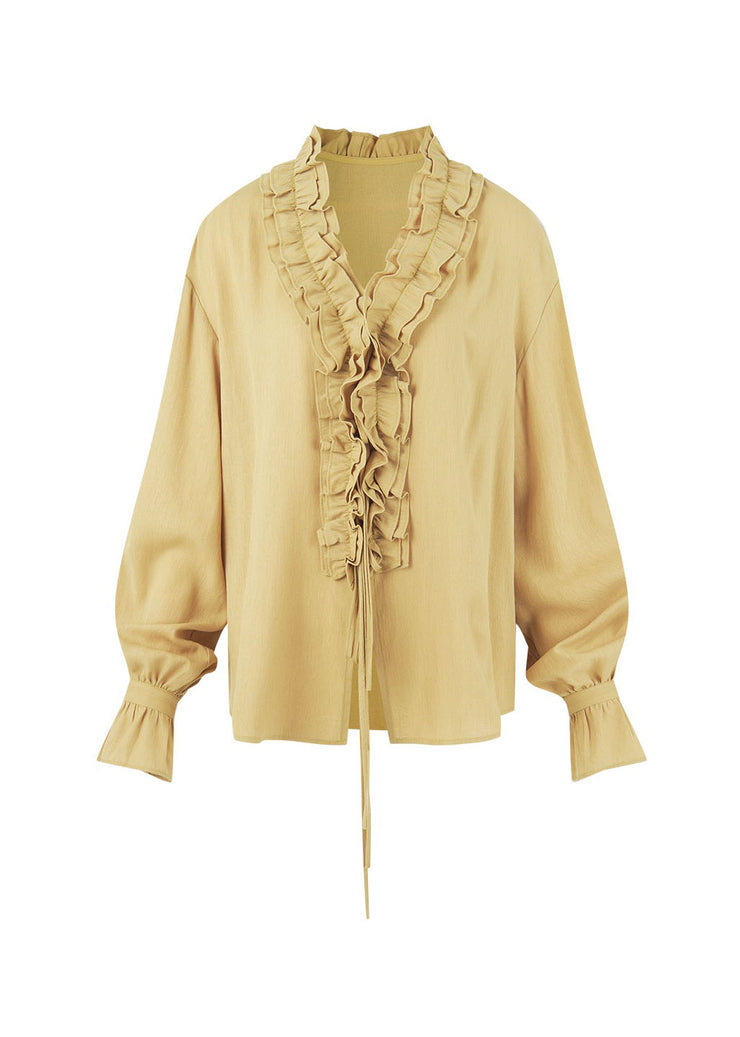 Unique Yellow Ruffled Patchwork Cotton Tops Flare Sleeve