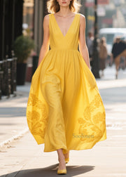 Unique Yellow V Neck Print Chiffon Maxi Dress Summer