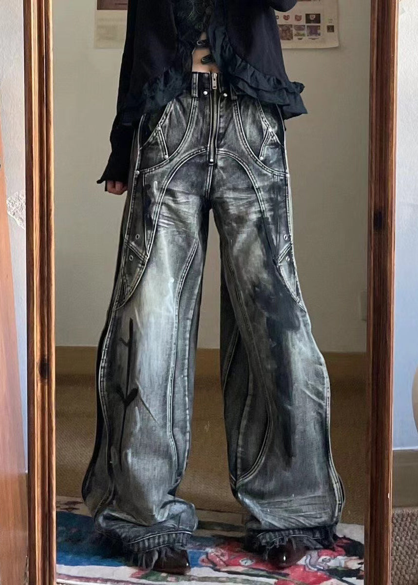 Unique Zip Up Pockets Original Design Neutral Denim Pants Fall – SooLinen